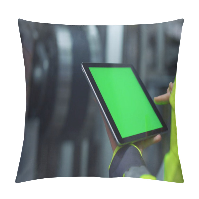 Personality  Hands Scrolling Greenscreen Tablet Computer On Modern Production Factory. Pillow Covers