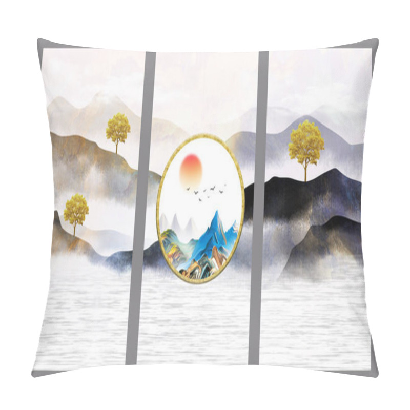 Personality  3d Illustration Canvas Wall Decoration Landscape Wallpaper.golden, Black And Gray Mountains And Trees In Light Background. Sunset And White Clouds. Wall Home Decor Pillow Covers