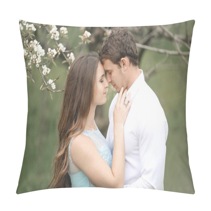 Personality  Kissing Newlywed Couple Is Spending Time In The Blooming Garden. Pillow Covers