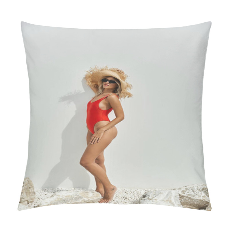 Personality  A Young Woman In A Bright Orange Swimsuit Poses Against A White Wall, Her Straw Hat Shading Her Face. Pillow Covers