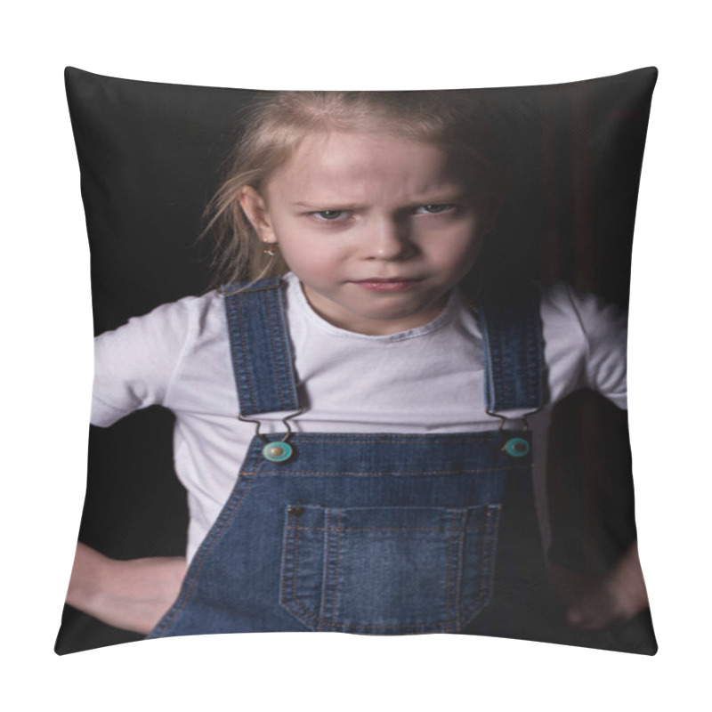 Personality  Beautiful Blonde Little Girl On A Dark Background. She Stands In Different Poses And Shows Different Emotions Pillow Covers