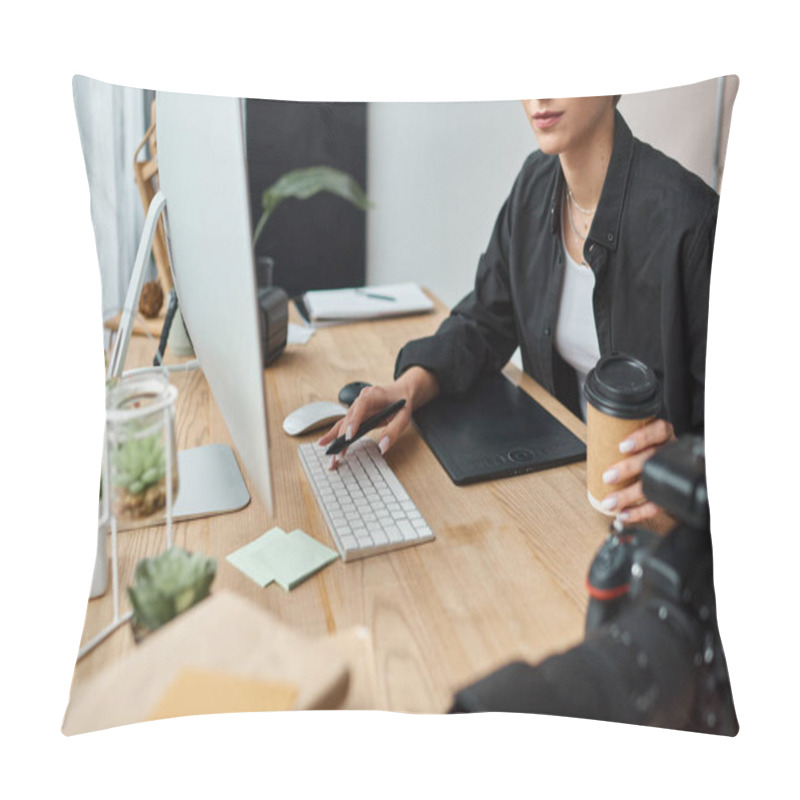 Personality  Cropped View Of Young Female Designer Holding Coffee And Working With Computer And Drawing Tablet Pillow Covers