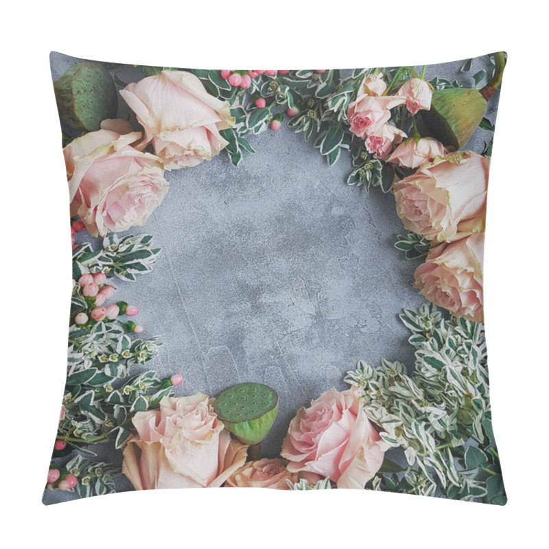 Personality  Wedding Flowers, Blog Style, Flatlay, Light Gray Background, Floristics, Delicate Roses, Lotus And Greens Closeup Pillow Covers