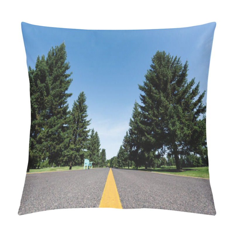 Personality  Low Angle View Of Road With Yellow Line Near Green Trees With Leaves In Summer  Pillow Covers