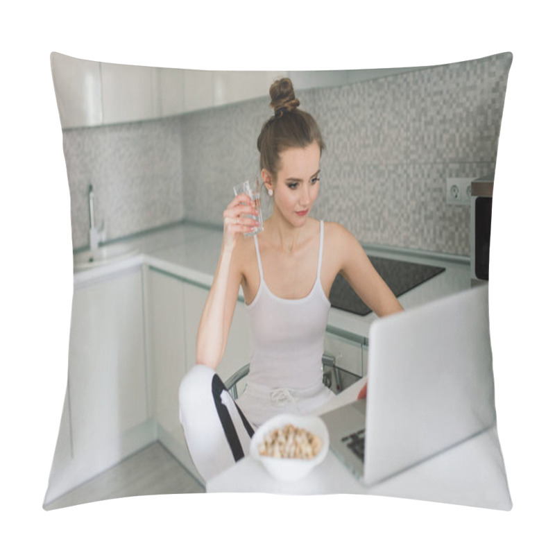 Personality  Beautiful Blond Female Studying And Working In A Bed With Her Laptop Pillow Covers