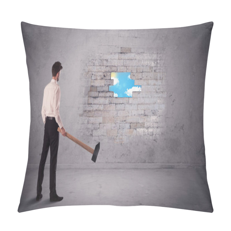 Personality  Business Man Hitting Brick Wall With Hammer Pillow Covers