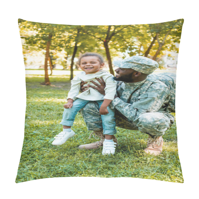 Personality  Smiling African American Soldier In Military Uniform Holding Happy Daughter In Park Pillow Covers