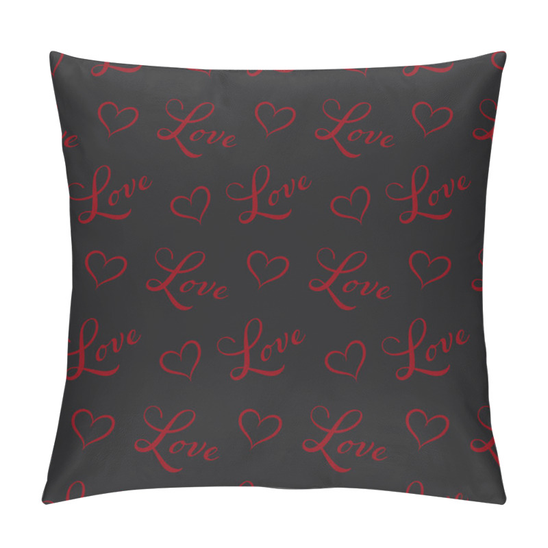 Personality  Repeating Red Hearts And The Handwritten Word Love. Romantic Black Background Seamless Pattern. Endless Girlish Print. Cute Vector Illustration. Pillow Covers