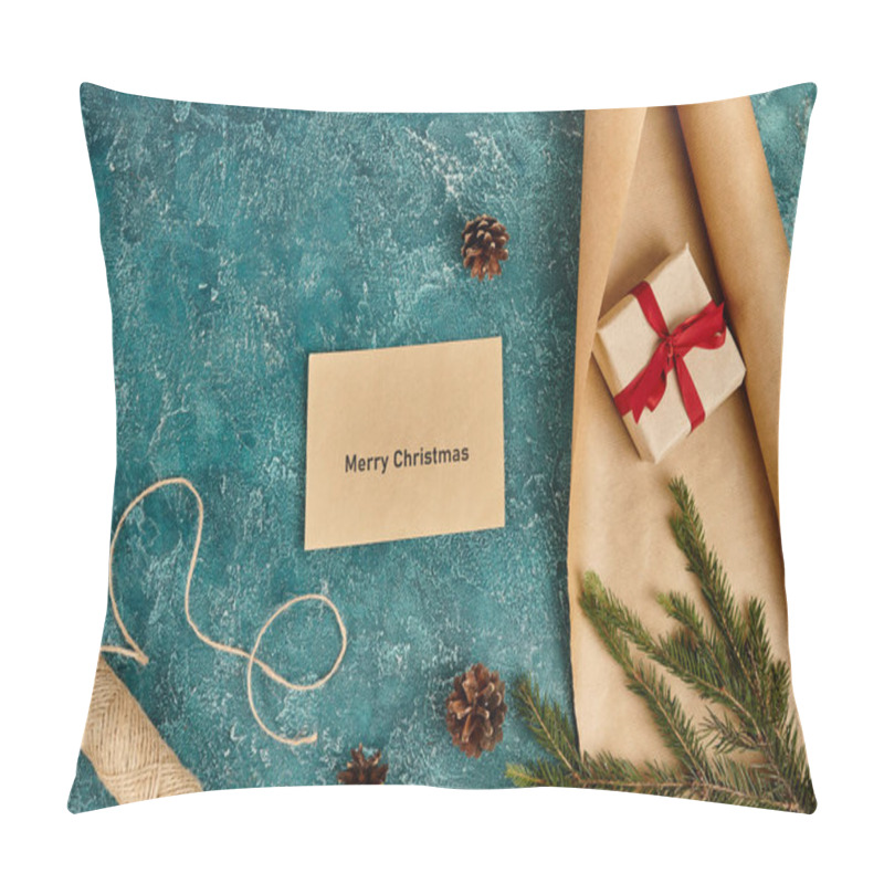 Personality  Envelope With Merry Christmas Greeting Near Pine Decor And Diy Supplies On Blue Textured Backdrop Pillow Covers