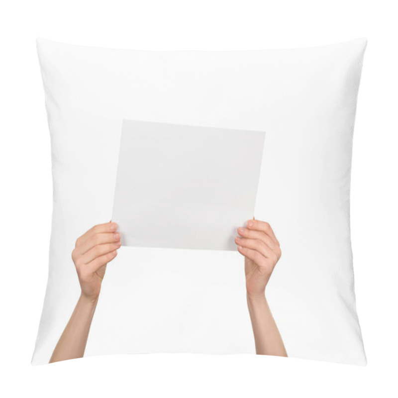 Personality  Cropped Image Of Woman Holding Empty Paper Isolated On White Pillow Covers