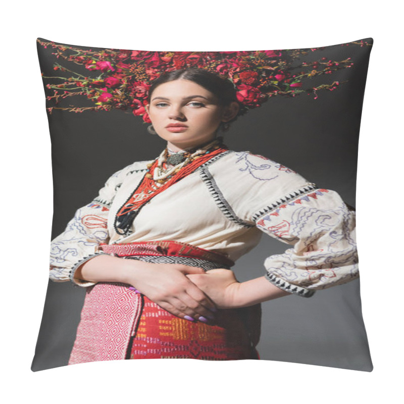 Personality  Brunette And Pretty Ukrainan Woman In Floral Wreath With Red Berries Posing With Hand On Hip On Dark Grey Pillow Covers