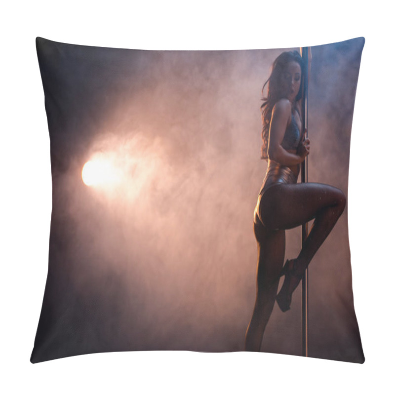 Personality  Passionate Woman In Underwear Dancing Striptease Near Pylon On Black With Smoke  Pillow Covers