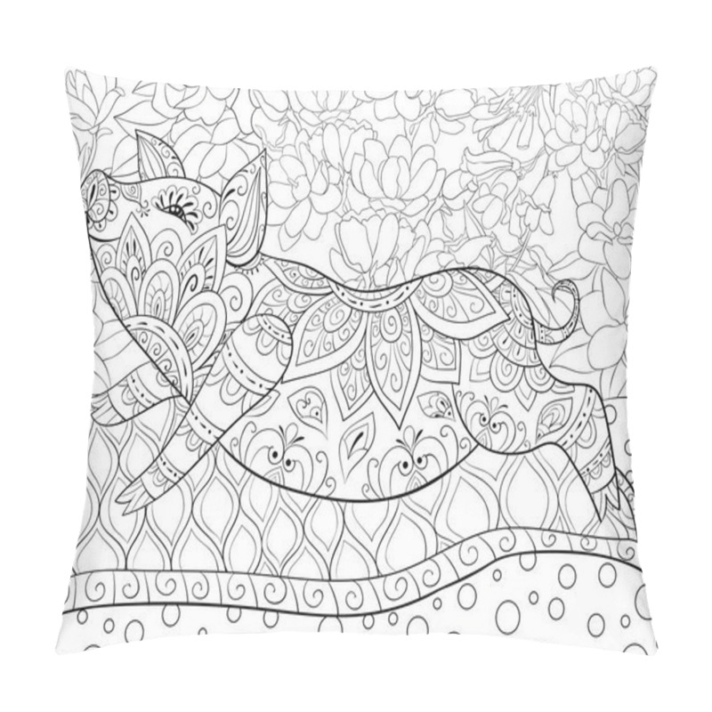 Personality  A Cute Pig On The Blanket On The Floral Background Image For Adults.A Coloring Book,page For Relaxing Activity.Zen Art Style Illustration For Print. Pillow Covers