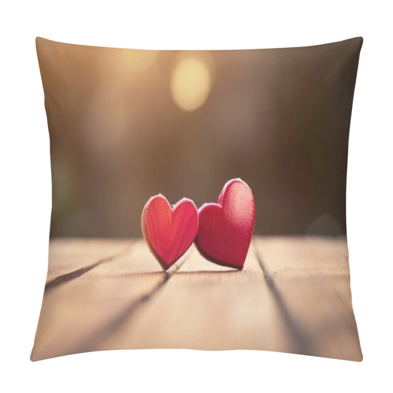 Personality  Two Red Hearts On A Wooden Surface, In The Style Of Lighthearted, Pink Core AI Pillow Covers