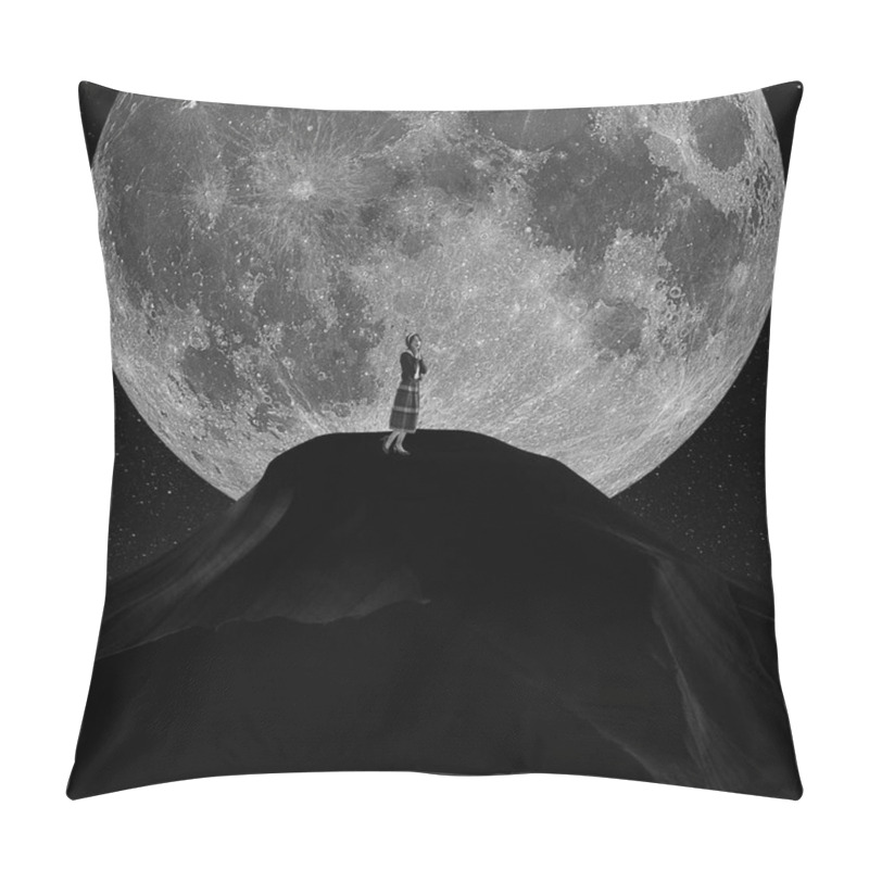 Personality  Contemporary Art Collage. Charming Young Woman Standing On Rock At Night Isolated On Unknown Planet Background. Monochrome. Pillow Covers