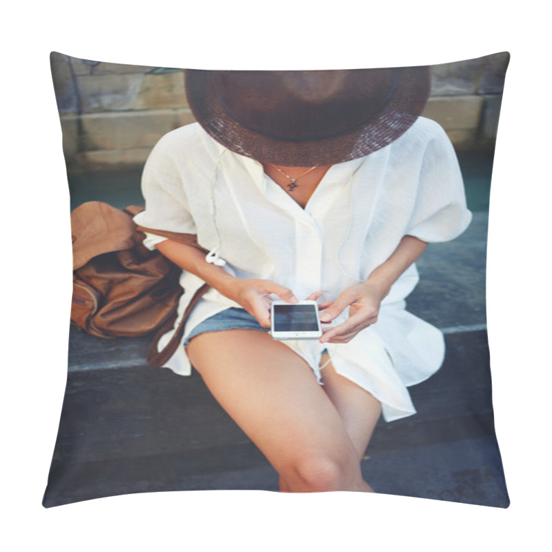 Personality  Female Traveler Using Her Mobile Phone Pillow Covers