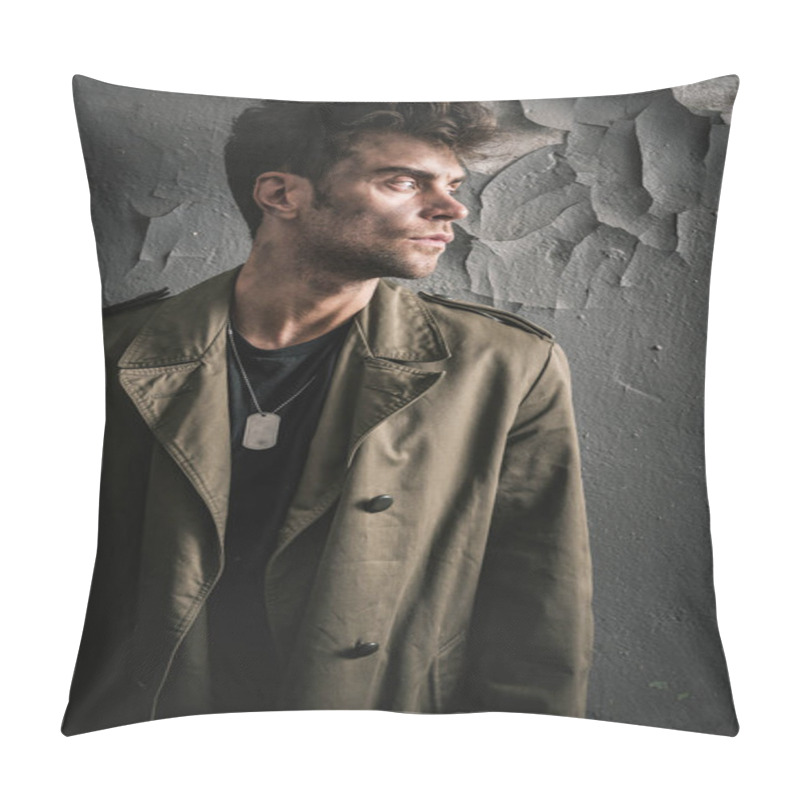 Personality  Handsome Man Standing Near Old Wall In Chernobyl, Post Apocalyptic Concept Pillow Covers