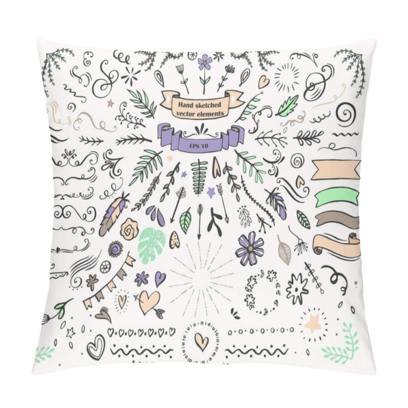 Personality  Big Set Of Handmade Design Elements Such As Text Dividers, Borders With Flourishes, Frames, Ribbons, Doodle Flowers, Leaves And Hearts Etc. Vector Colorful Illustration For Your Design. Pillow Covers