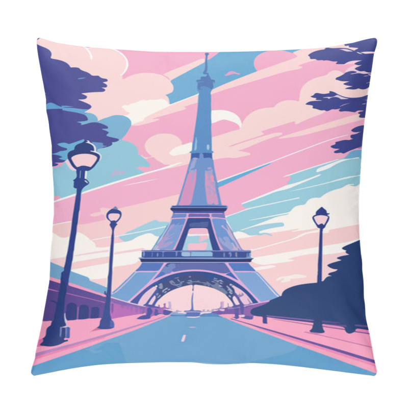 Personality  Road And Lanterns With The Eiffel Tower Against The Backdrop Of A Multi-colored Sky. For Your Sticker Or Postcard Design. Pillow Covers