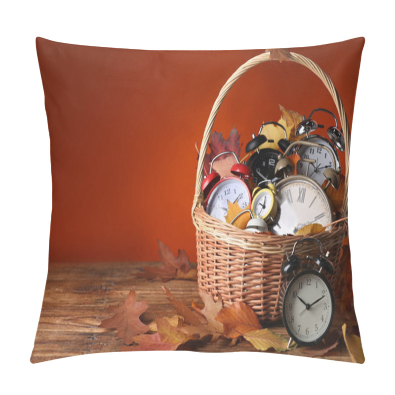 Personality  Alarm Clocks And Dry Leaves In Wicker Basket On Wooden Table Against Brown Background, Space For Text Pillow Covers