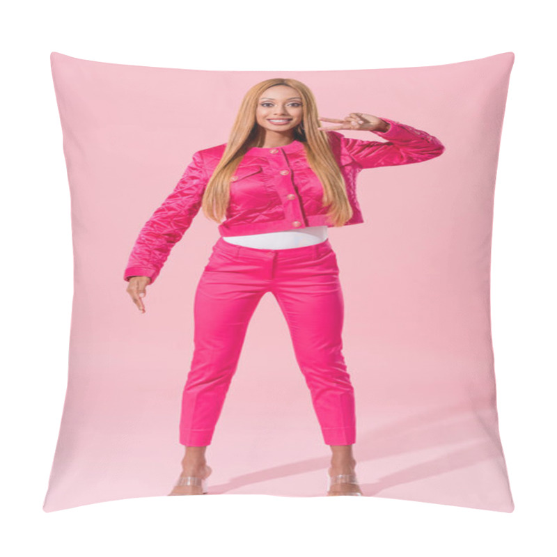 Personality  Smiling, Trendy African American Woman Showing Victory Gesture On Pink Background, Fashion Doll Concept Pillow Covers