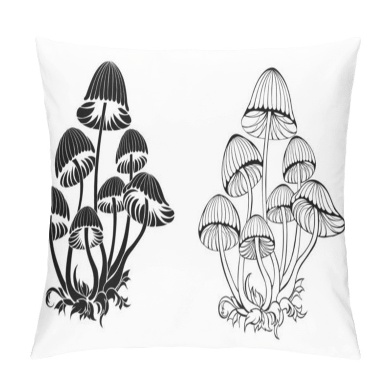 Personality  Two Groups Of Artistically Drawn, Contoured, Black, Isolated, Silhouette Toadstools On A White Background. Hallucinogenic Mushrooms. Pillow Covers