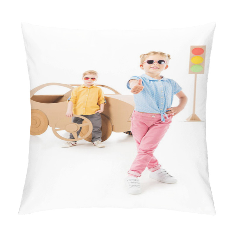 Personality  Stylish Kid In Sunglasses Showing Thumb Up While Boy Standing Near Cardboard Car And Traffic Lights, On White  Pillow Covers