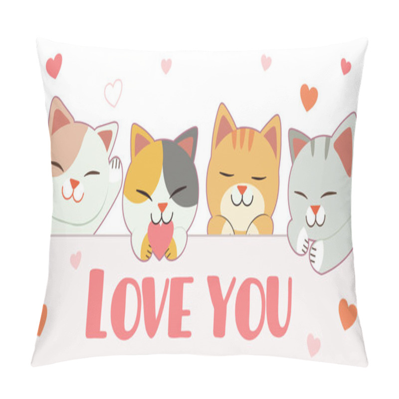 Personality  The Character Of Cute Cat With Friends And Label And Heart. The Character Of Cute Cat Say Love You With Heart In The White Background. The Character Of Cute Cat In Flat Vector Style. Pillow Covers