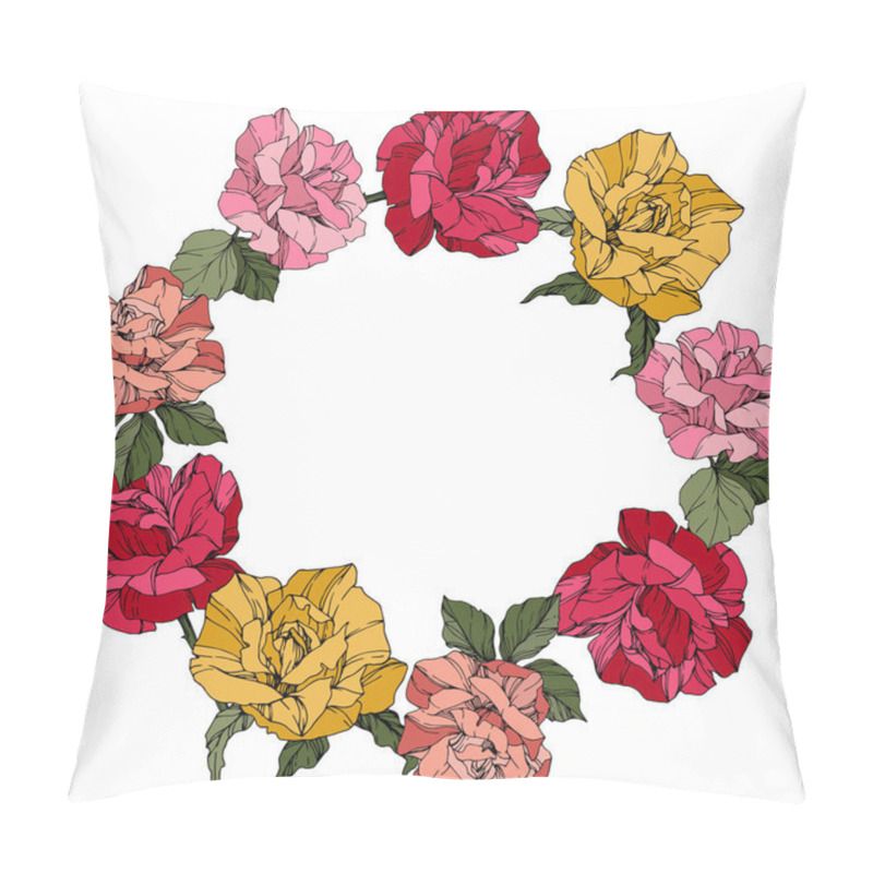 Personality  Vector Roses. Floral Botanical Flowers. Wild Spring Leaves. Red, Pink And Yellow Engraved Ink Art. Frame Border Ornament Wreath. Pillow Covers