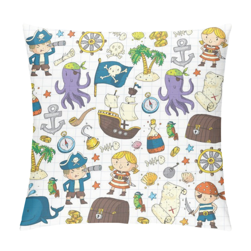 Personality  Pirate Adventures Pirate Party Kindergarten Pirate Party For Children Adventure, Treasure, Pirates, Octopus, Whale, Ship Kids Drawing Vector Pattern For Banners, Leaflets, Brochure, Invitations Pillow Covers