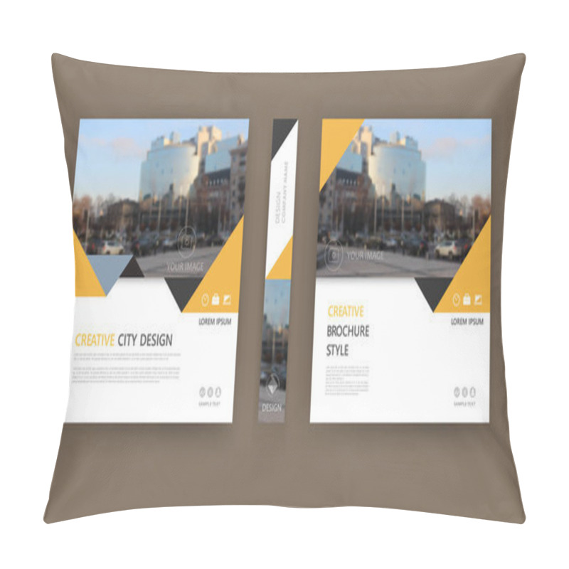 Personality  Abstract Composition. White Brochure Cover Design. Info Banner Frame. Text Font. Title Sheet Model Set. Modern Vector Front Page. City View Texture. Yellow Triangle Figures Image Icon. Ad Flyer Fiber Pillow Covers