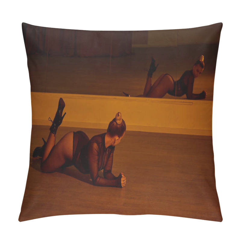 Personality  Alluring Woman In High Heels Stretching Her Body Upon The Polished Floor In Dancing Studio Pillow Covers