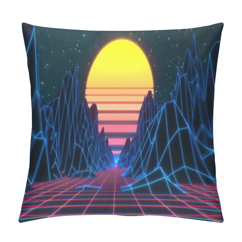 Personality  80s Retro Futuristic Sci-fi Background. Retrowave VJ Videogame Landscape With Neon Lights And Low Poly Terrain. Stylized Vintage Cyberpunk 3D Illustration With Mountains, Sun And Glowing Stars. 4K Pillow Covers