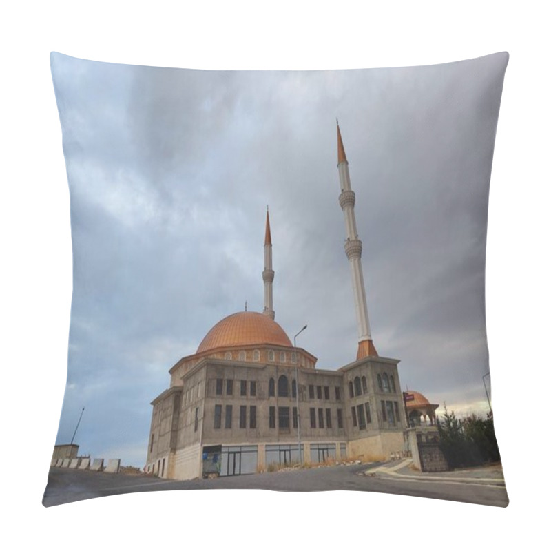 Personality  Turkiye, November 15, 2024, Majestic Mosque Under Stormy Skies: A Serene Symbol Of Faith And Resilience Standing Tall Against Dark Clouds, With Twin Minarets Reaching For The Heavens. Pillow Covers