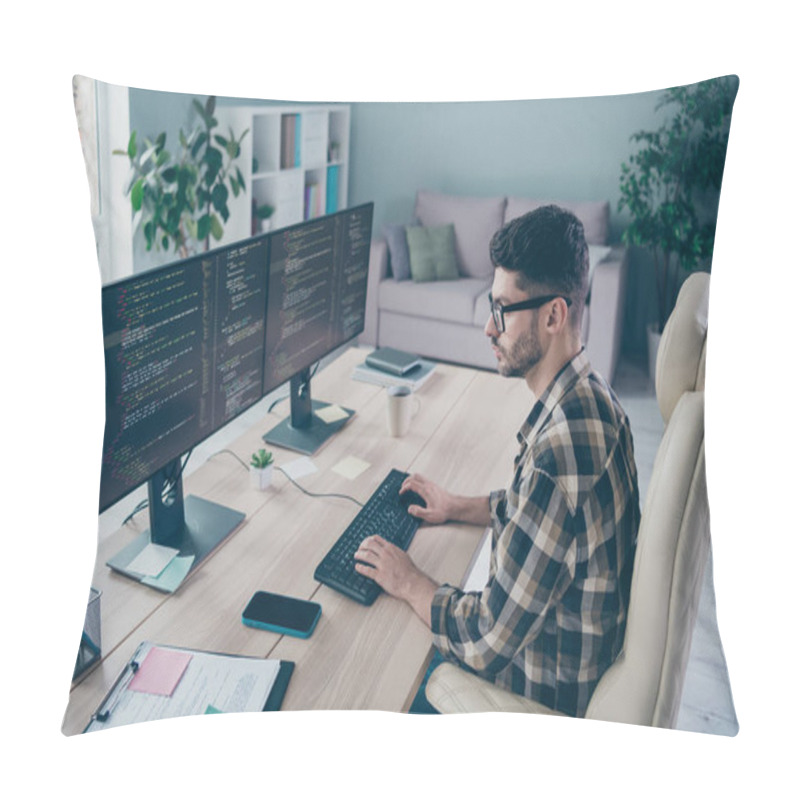 Personality  Photo Of Handsome Serious Guy Wear Glasses Debugging Modern Device App Indoors Workstation Workshop Home. Pillow Covers