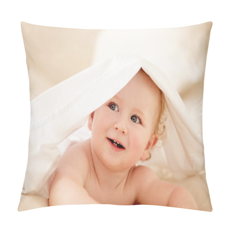 Personality  Smile, Face And Happy Baby On A Bed With Blanket For Playing, Games Or Fun In A Nursery Room. Learning, Child Development And Curious Little Boy Kid In A Bedroom With Sheet Cover While Lying In House. Pillow Covers