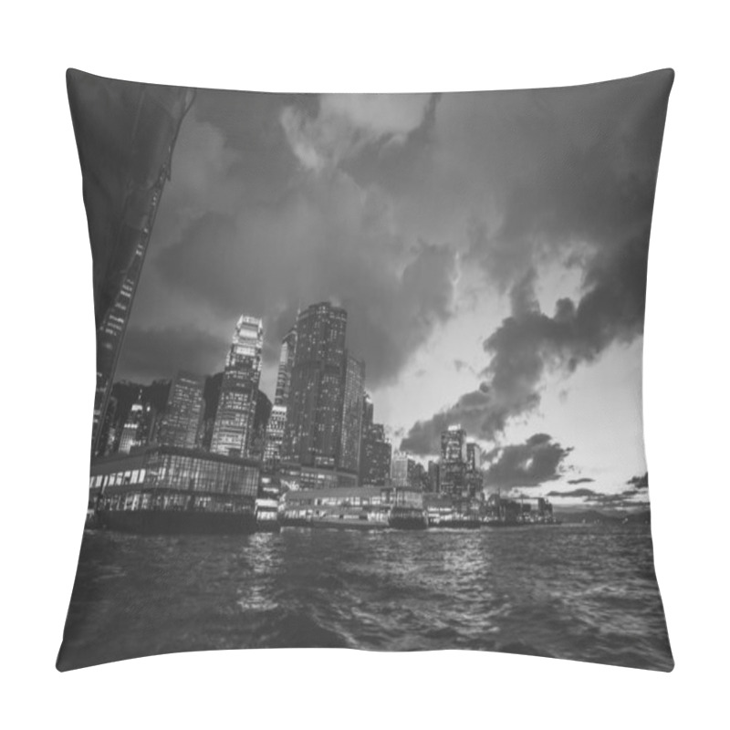 Personality  Night View Of Hong Kong Against Water, Black And White Image  Pillow Covers