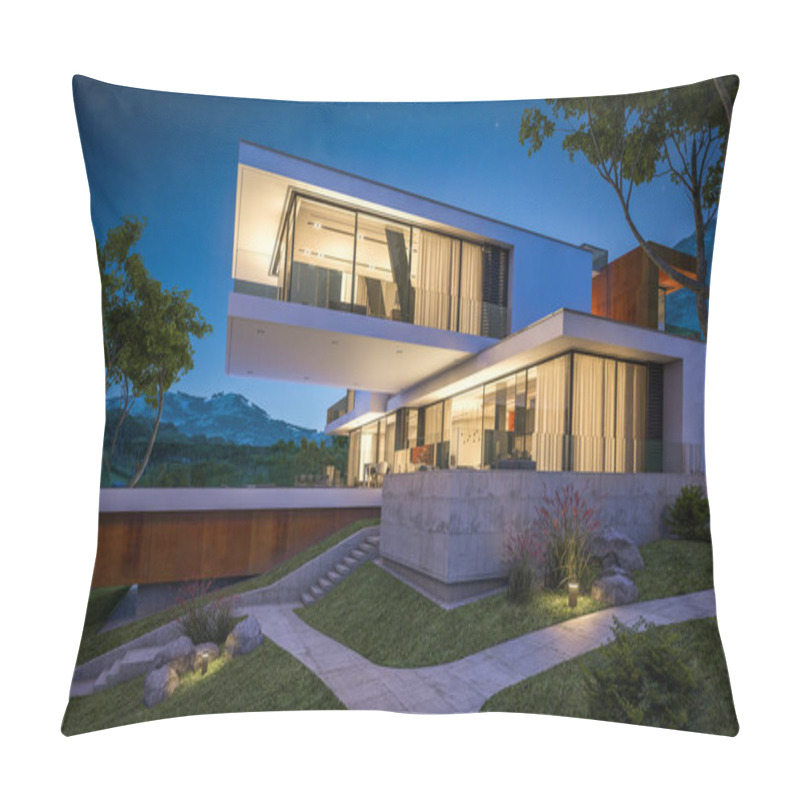 Personality  3d Rendering Of Modern House By The River At Night Pillow Covers