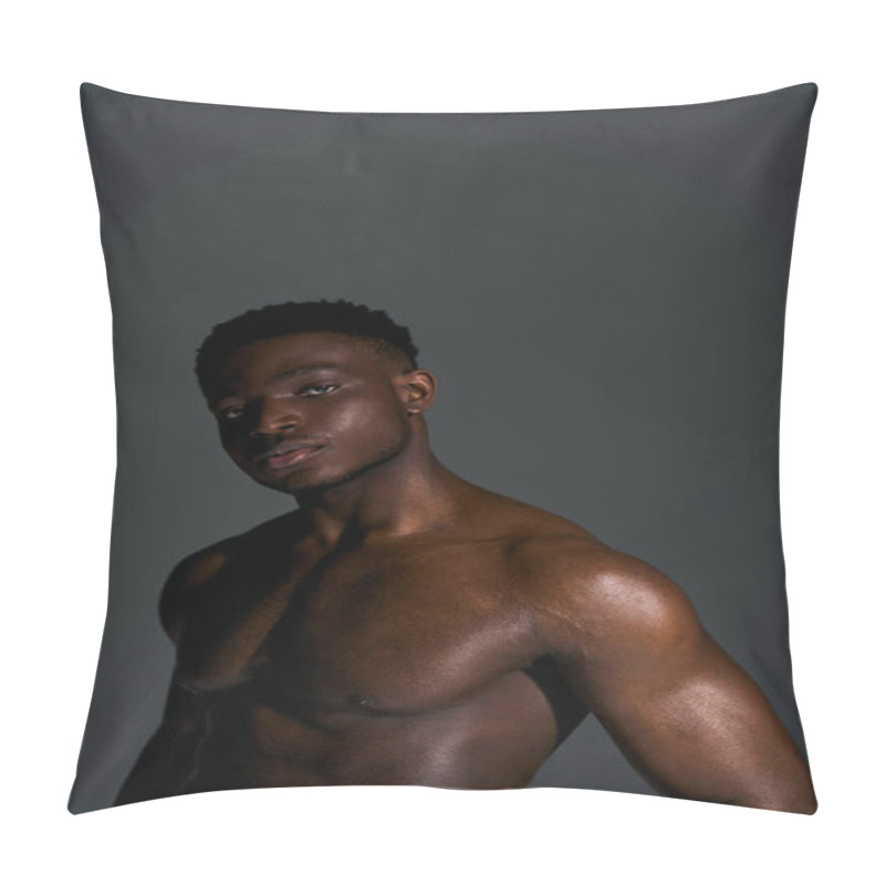 Personality  A Young Handsome African American Man Showcases His Toned Physique, Striking A Pose Against A Dark Background. His Confident Gaze And Subtle Shine Enhance The Artistic Ambiance Of The Moment. Pillow Covers