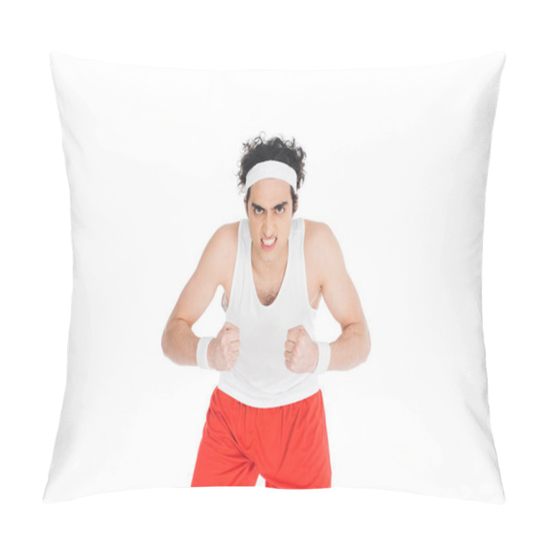 Personality  Portrait Of Angry Thin Sportsman Isolated On White Pillow Covers