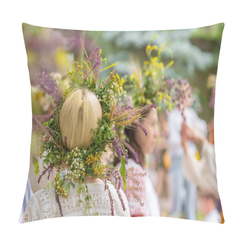 Personality  Unidentified Women In Traditional Dresses With Summer Solstice Wreaths Made From Field Flowers, Grasses And Cereals. Pillow Covers