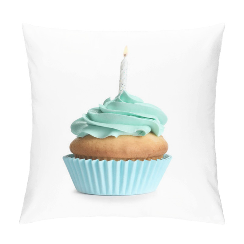 Personality  Delicious Birthday Cupcake With Candle On White Background Pillow Covers