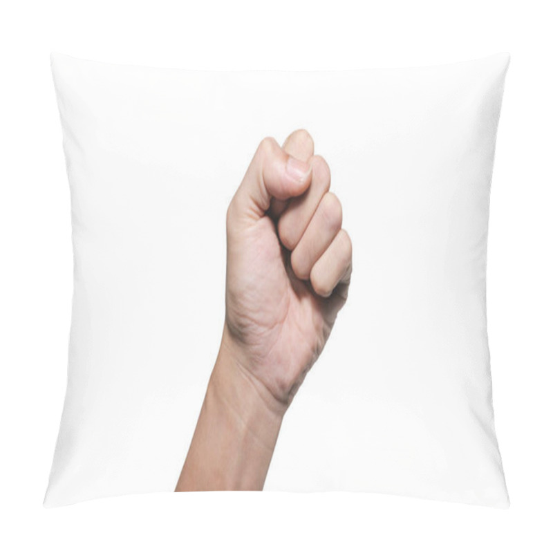 Personality  Close Up Of Male Fist Up, Don't Give Up Gesture Symbolic Concept, Isolated On White Background. Pillow Covers