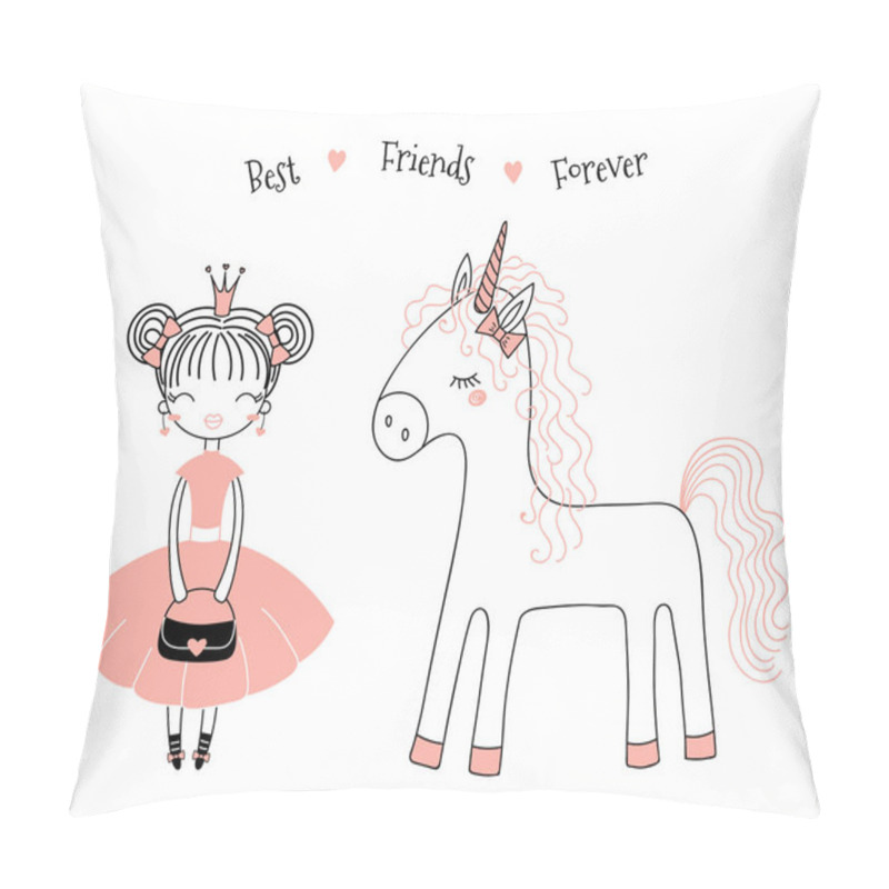 Personality  Hand Drawn Vector Illustration Of A Cute Little Princess In A Pink Dress And A Unicorn, With Text. Isolated Objects On White Background. Line Drawing. Unfilled Outline. Design Concept For Kids Print. Pillow Covers