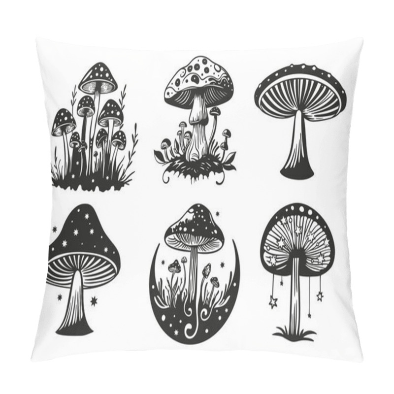 Personality  Magic Mushroom And Moon Fairy Silhouette Set. Mushrooms With Stars Celestial Vector Collection Art Pillow Covers