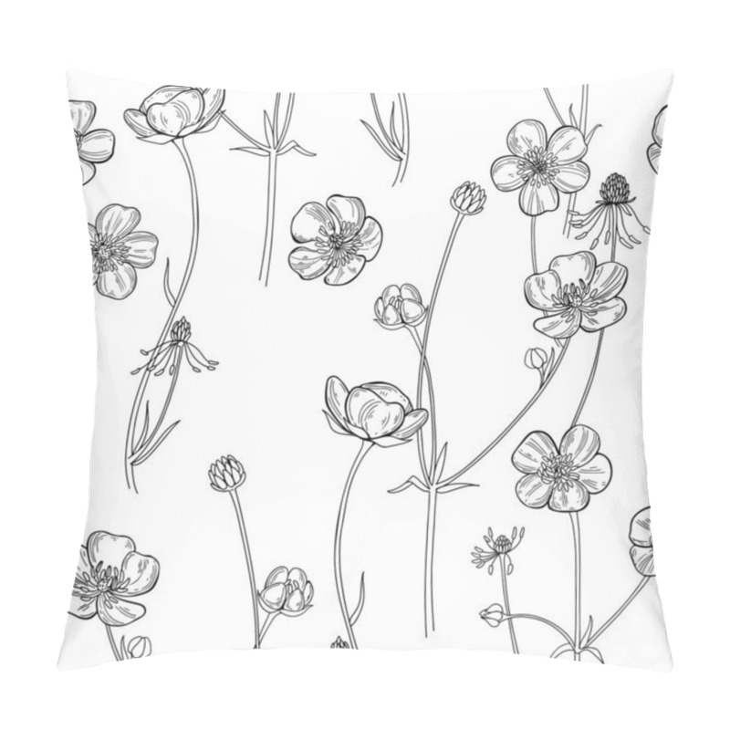 Personality  Buttercups. Flowering Wildflowers. Vector. Black And White Illustration. Nature Background. Pillow Covers