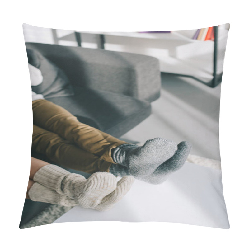 Personality  Cropped Shot Of Couple In Woolen Socks Relaxing On Couch At Home Pillow Covers