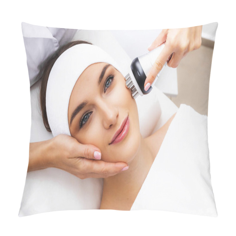 Personality  Woman Getting Radiofrequency Face Lifting. Hardware Facial Cosmetology. RF Lifting Photo. Pillow Covers