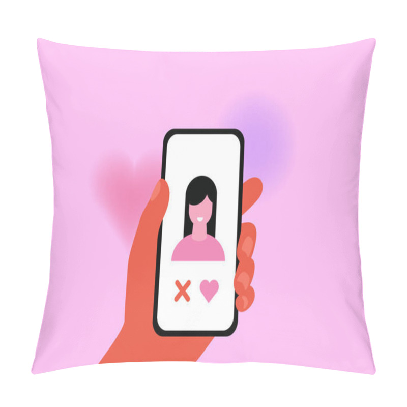 Personality  Hand Holding Phone. Online Dating App. Match. Like And Dislike. Vector Pillow Covers