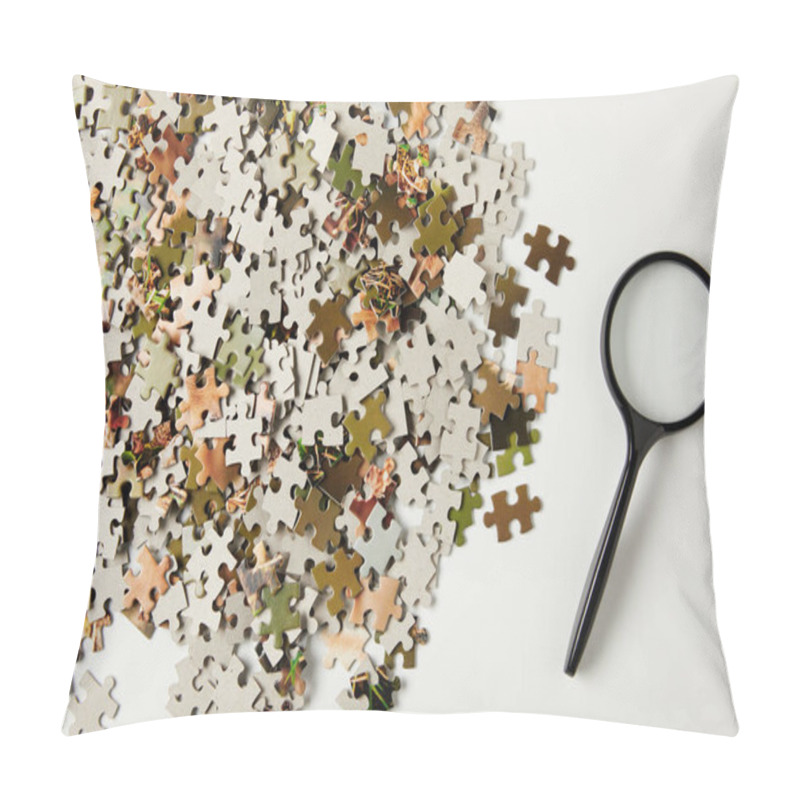 Personality  Top View Of Magnifying Glass And Jigsaw Puzzle Pieces On Grey  Pillow Covers